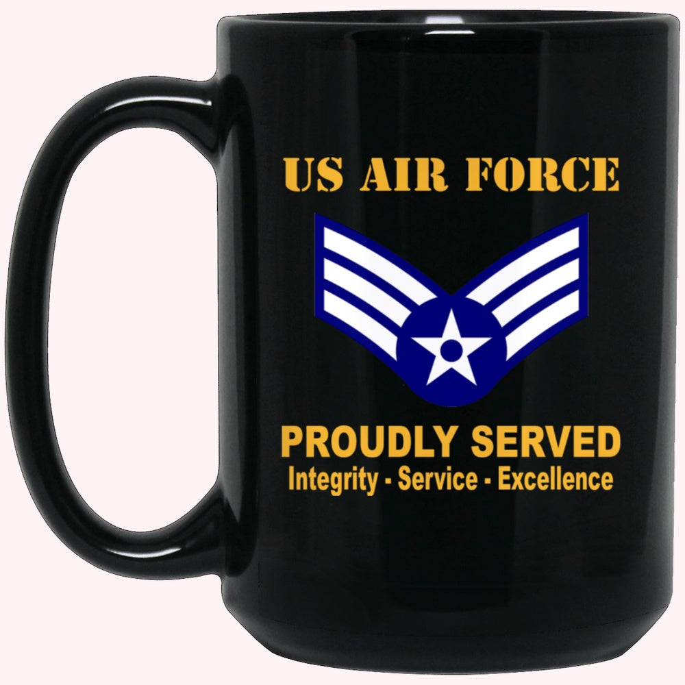 Military Coffee Mugs, US Air Force E-4 Senior Airman SrA E4 Enlisted Airman Ranks AF Rank Proudly Served Black Mug