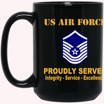 Military Coffee Mugs, US Air Force E-8 Old Style Rank Proudly Served Core Values Black Mug