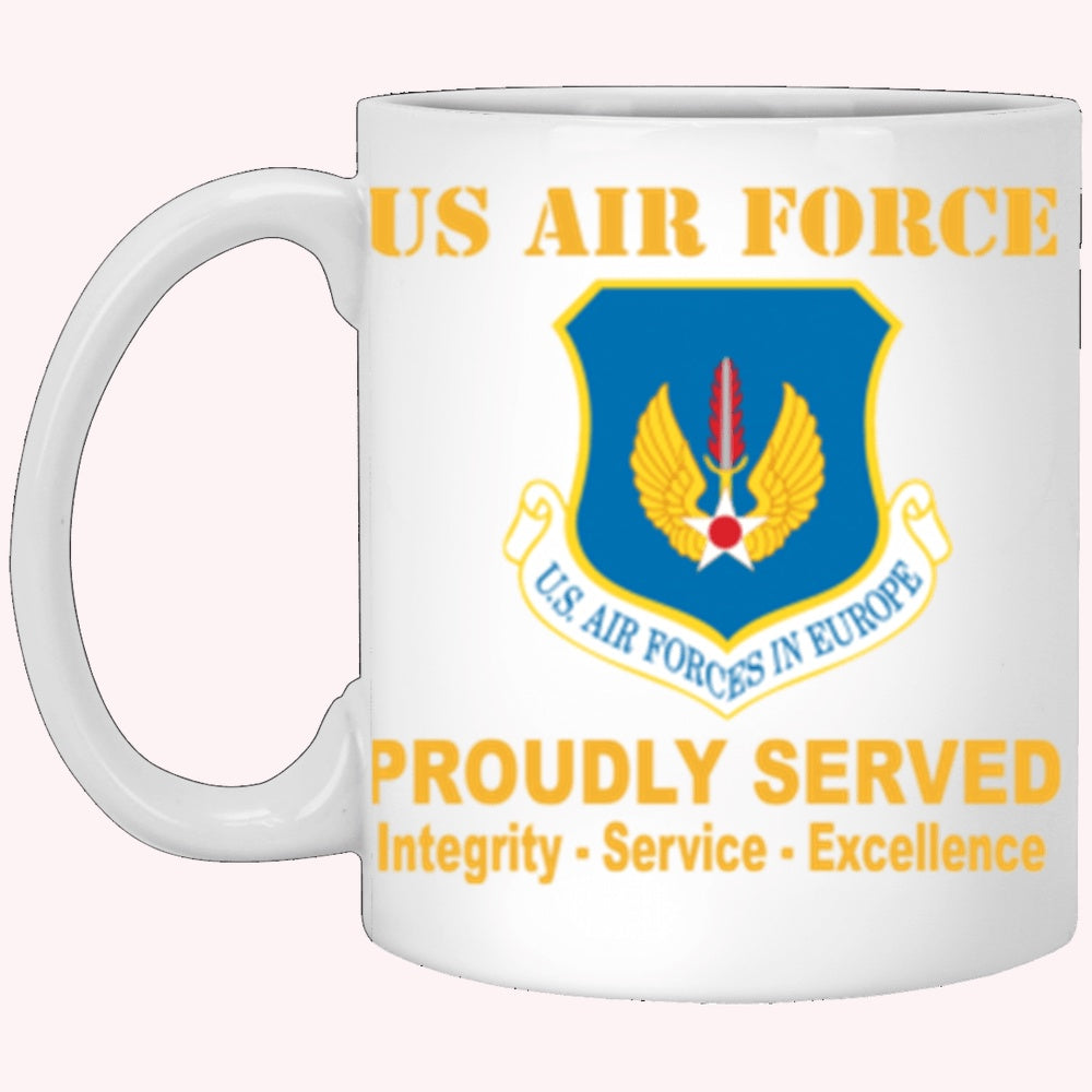 Military Coffee Mugs, US Air Force United States Air Forces in Europe Proudly Served Core Values White Mug