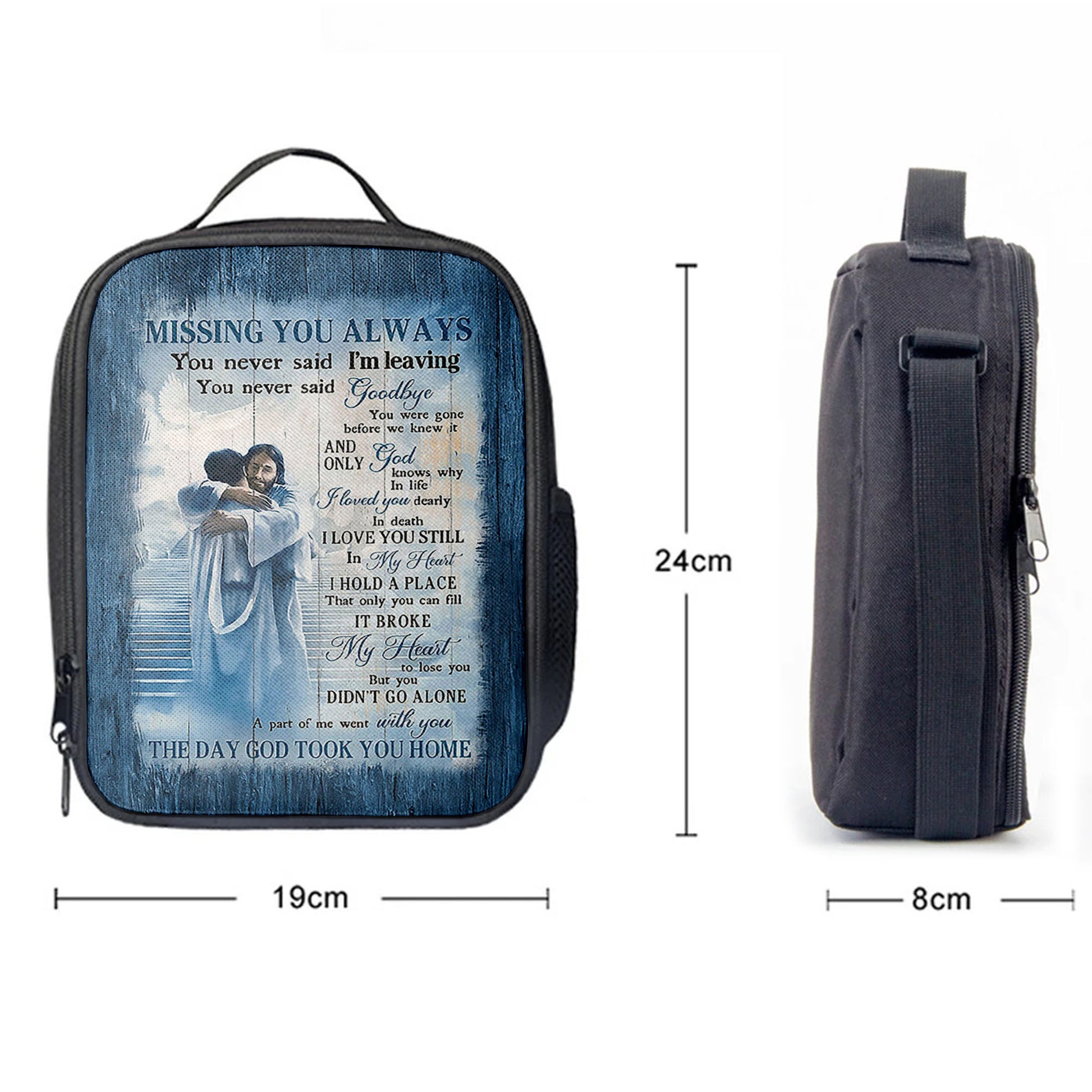 Missing You Always Lunchbag, Jesus Christ Hugging Man In Heaven Lunchbag, Christian Lunchbag, Religious Lunchbag