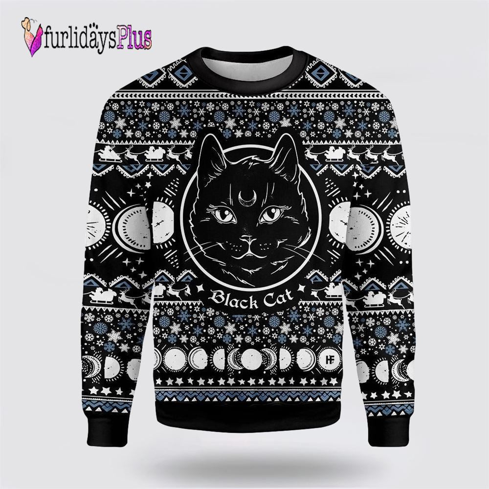 Moon Phase Cute Cat Christmas Wicca Ugly Christmas Sweater, Cat Lover Christmas Sweater