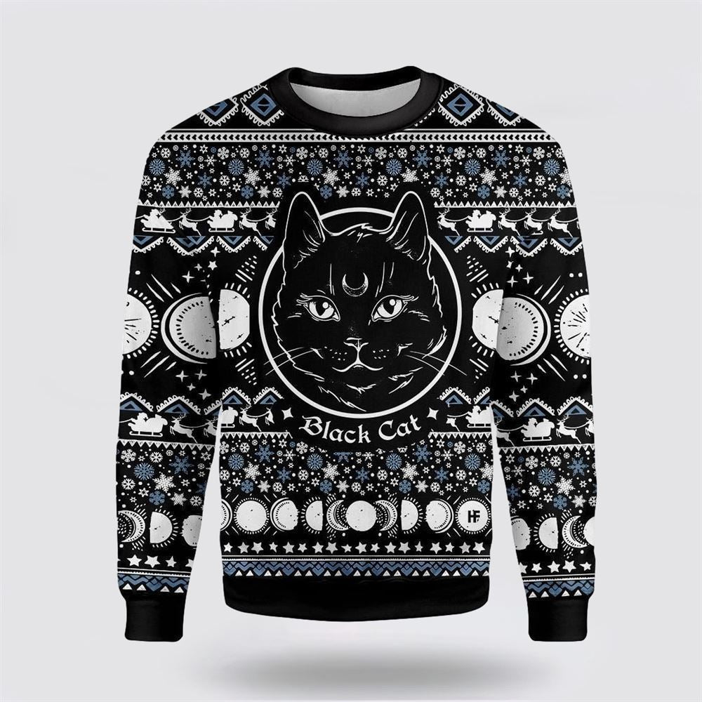 Moon Phase Cute Cat Christmas Wicca Ugly Christmas Sweater, Christmas Sweater For Cat Lover