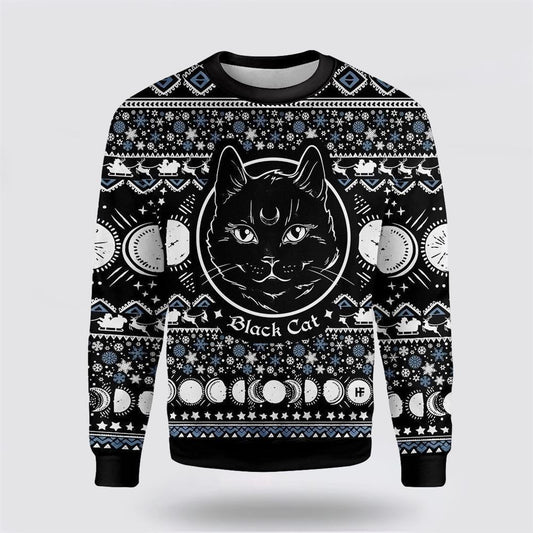 Moon Phase Cute Cat Christmas Wicca Ugly Christmas Sweater, Christmas Sweater For Cat Lover
