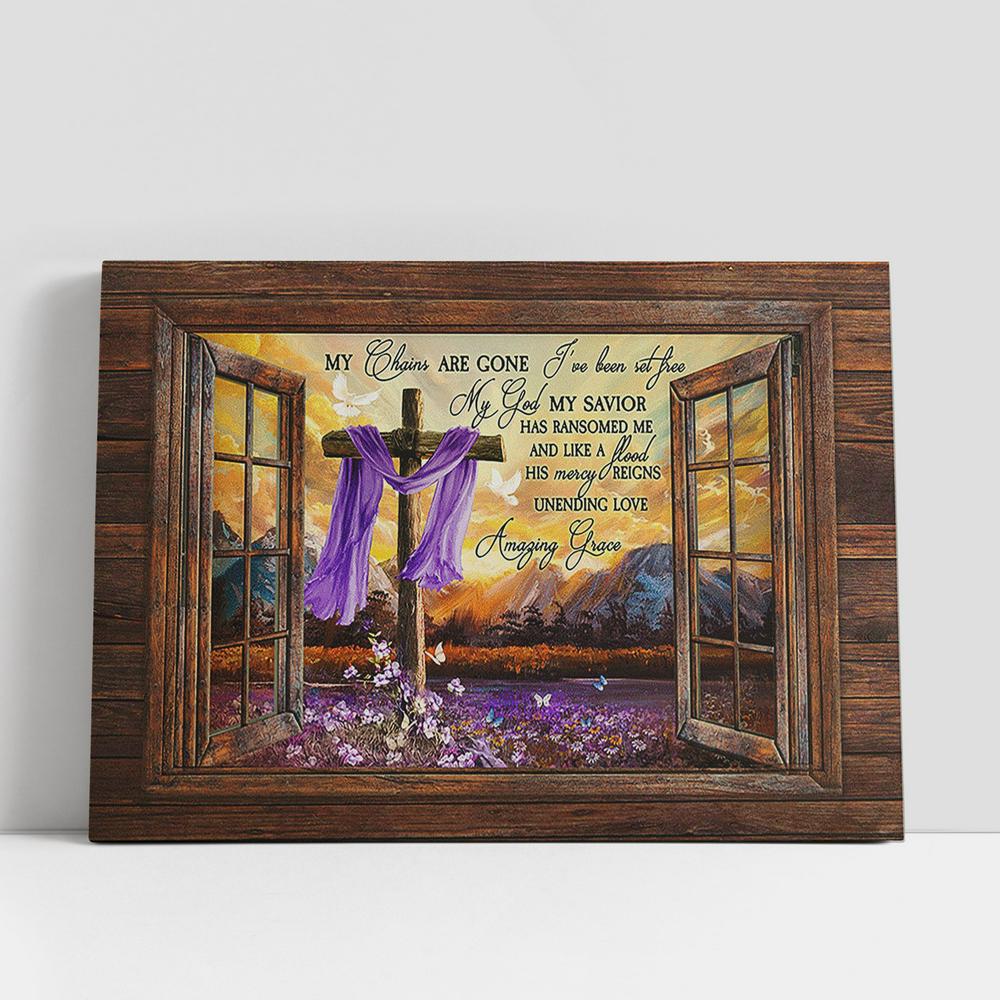 My Chains Are Gone Purple Flower Field Wooden Cross Butterfly Canvas Art, Christian Gifts Wall Art Decor, Bible Verse Canvas