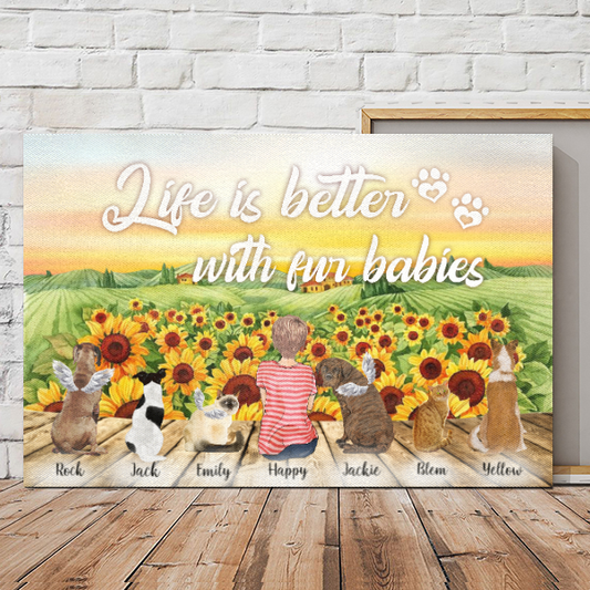 Custom Canvas Prints For Friends/Pet Lovers - Amazing Gift Personalized With Dogs/Cats Breed & Names -Mom With Dogs/Cats - Life is better with fur babies - (Up To 6 Pets/Dogs/Cats)