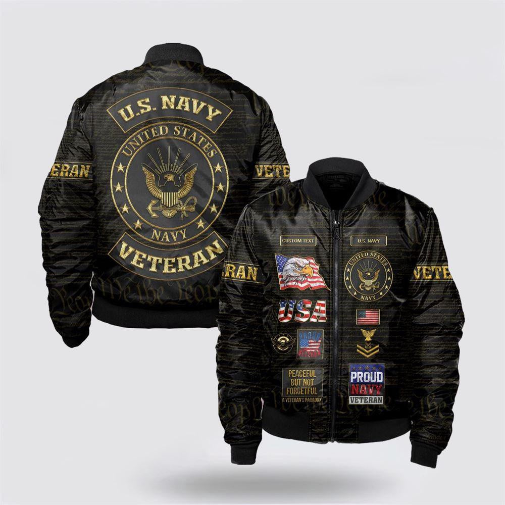 Navy Bomber Jacket, Custom Name Rank US Navy Veteran Bomber, For Military Personnel