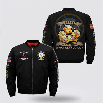 Navy Bomber Jacket, Personalized Name Rank US Navy I Served My Country Bomber Jacket, For Military Personnel