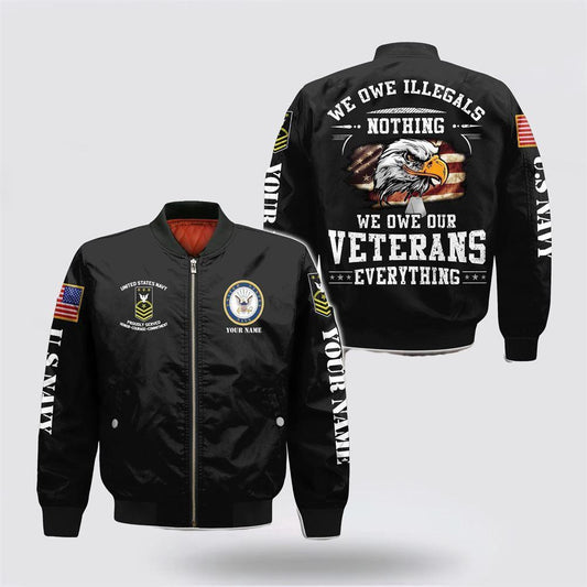 Navy Bomber Jacket, Personalized Name Rank US Navy Military We Owe Our Veterans Everything Bomber Jacket, For Military Personnel