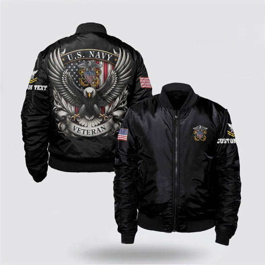 Navy Bomber Jacket, Personalized Name Rank US Navy Veteran Bomber Jacket, For Military Personnel