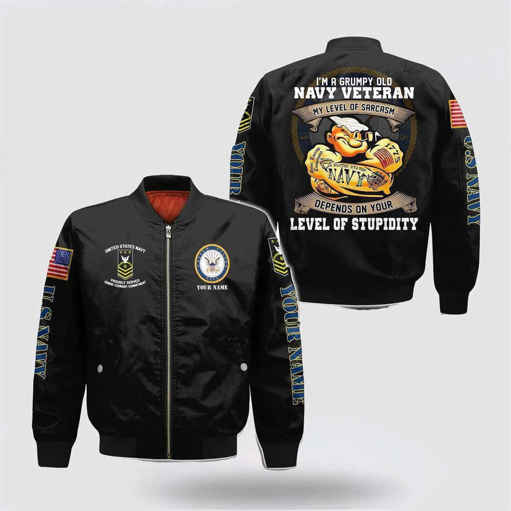 Navy Bomber Jacket, Personalized Name Rank US Navy Veteran Military Bomber Jacket, For Military Personnel
