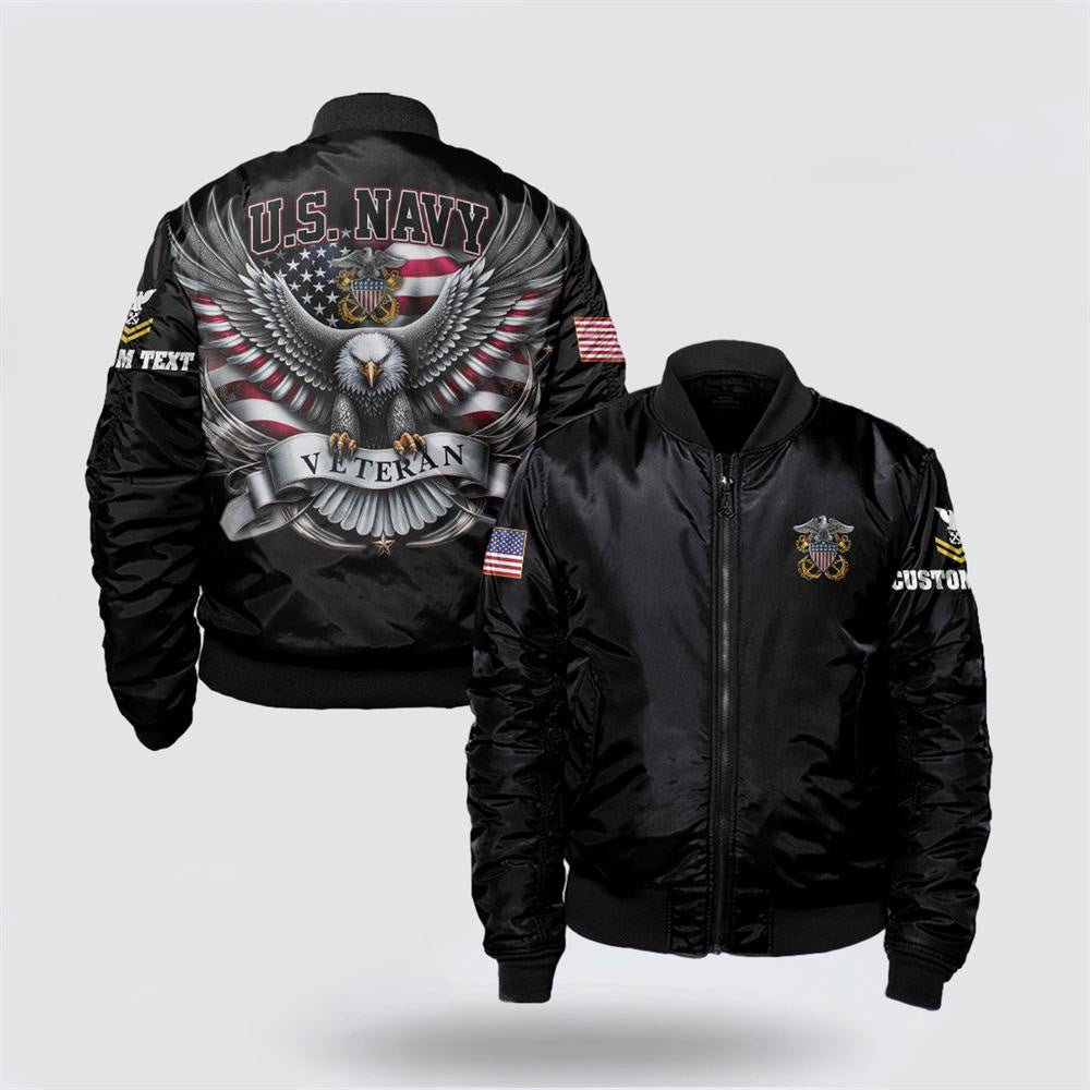 Navy Bomber Jacket, Personalized Rank US Navy Veteran Bomber Jacket, For Military Personnel