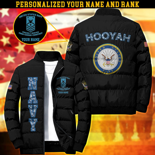 Navy Jacket, Navy Puffer Jacket, Personalized US Navy Hooyah Puffer Jacket With Your Name And Rank, Camouflage Jacket
