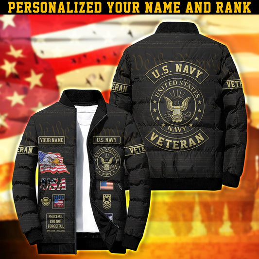 Navy Jacket, Navy Puffer Jacket, Personalized US Navy Puffer Jacket With Your Name And Rank, Navy Veteran Jacket