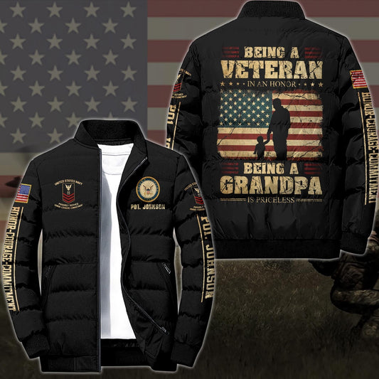 Navy Jacket, Navy Puffer Jacket, US Navy Puffer Jacket Custom Your Name And Rank, Being A Veteran In An Honor Being A Grandpa Is Priceless