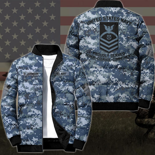 Navy Jacket, Navy Puffer Jacket, US Navy Puffer Jacket Personalized Your Name And Rank, Camo Puffer Jacket