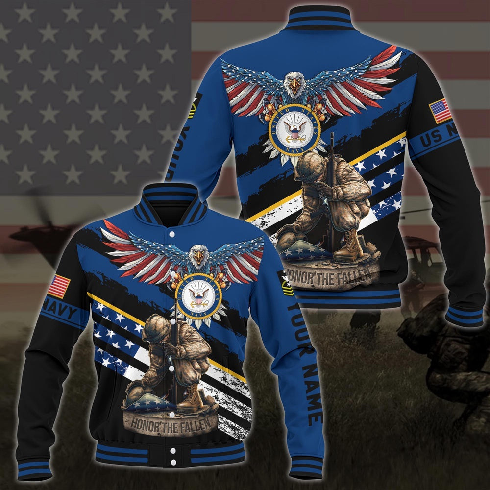 Navy Veteran Jacket, Us Navy American Eagle Flag Military Ranks Veteran Ranks Custom Baseball Jacket