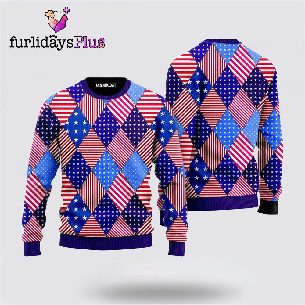 Patchwork American Flag Pattern Ugly Sweater ,Christmas Ugly Sweater For Men, Women
