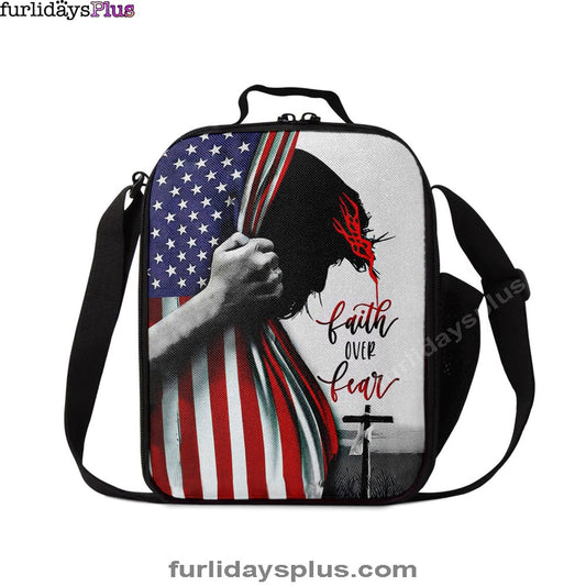 Patriotic Christian Faith Over Fear Jesus Face American Flag Lunchbag, Bible Verse Lunch Bag, Scripture Lunchbag