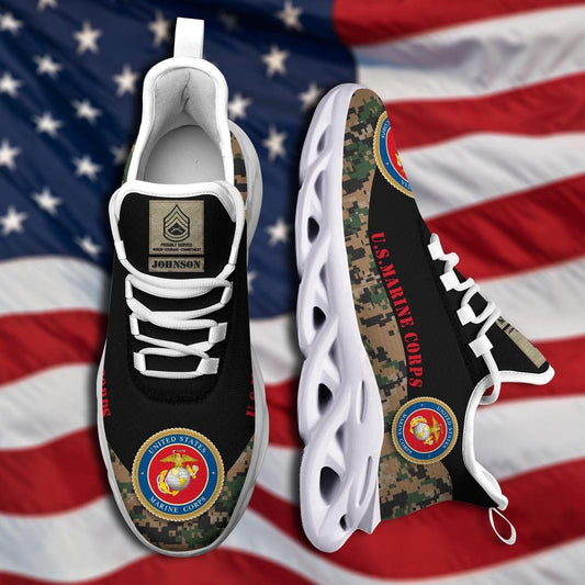 Personalized Military Shoes, US Marine Corp Military Veteran Ranks Camo Style Custom Clunky Sneakers, Veterans Shoes, Max Soul Shoes