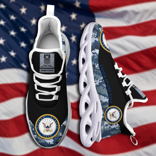 Personalized Military Shoes, US Navy Military Veteran Ranks Camo Style Custom Clunky Sneakers, Veterans Shoes, Max Soul Shoes