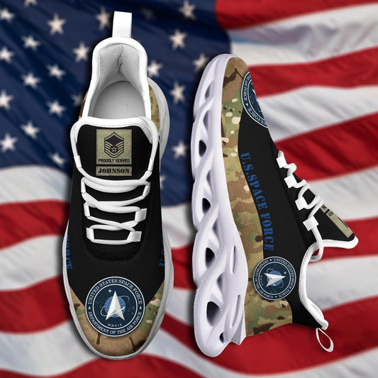 Personalized Military Shoes, US Space Force Military Veteran Ranks Camo Style Custom Clunky Sneakers, Veterans Shoes, Max Soul Shoes