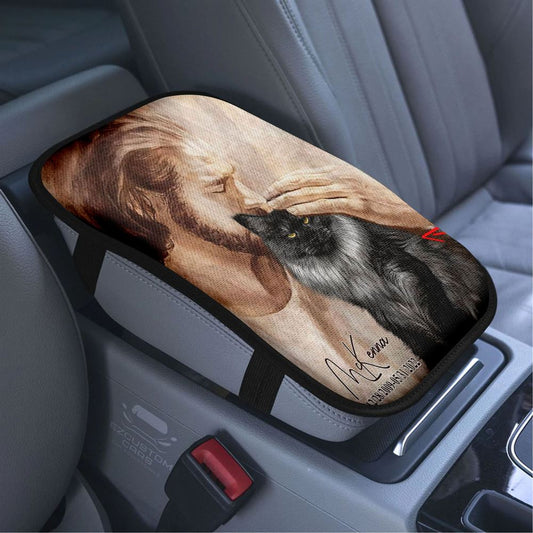 Pet Memorial Portraits Jesus Holding Cat Car Armrest Seat Cover,Cat Memorial Car Center Console Cover Cat Loss Gift,Custom Cat Pictures