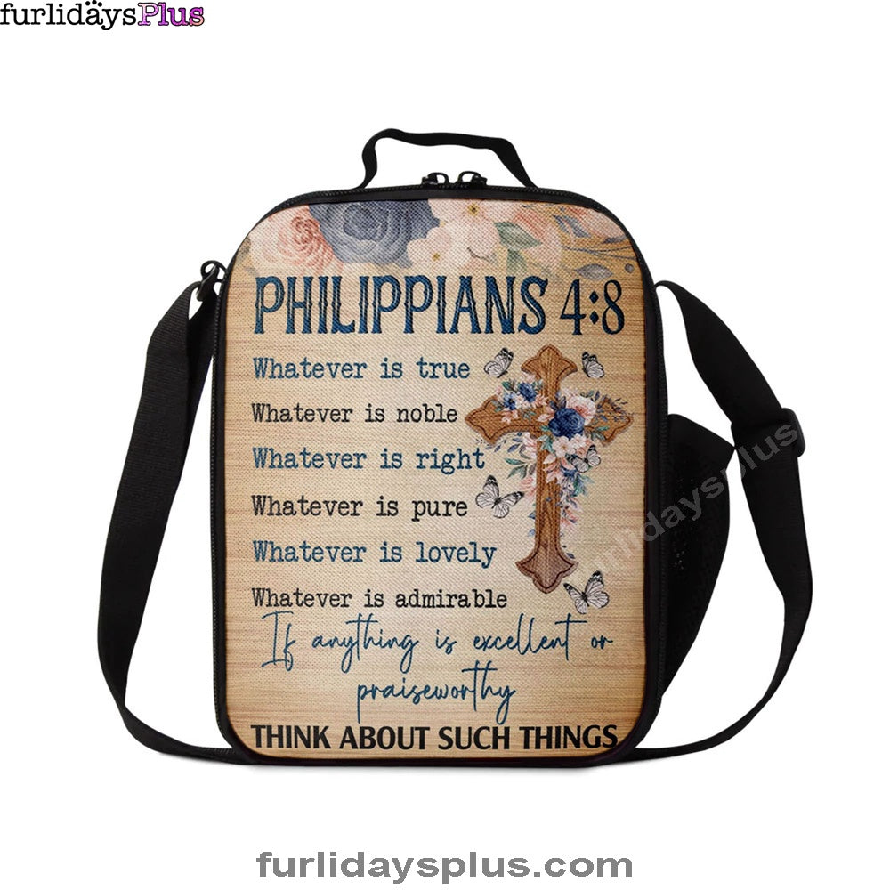 Philippians 48 Whatever Is True Floral Cross Lunchbag, Bible Verse Lunch Bag, Scripture Lunchbag