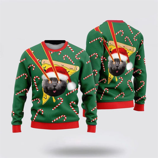 Pizza Black Cat With Laser Eyes Ugly Christmas Sweater, Christmas Sweater For Cat Lover