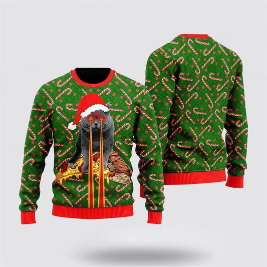 Pizza Cat With Laser Eyes Christmas Ugly Christmas Sweater, Christmas Sweater For Cat Lover