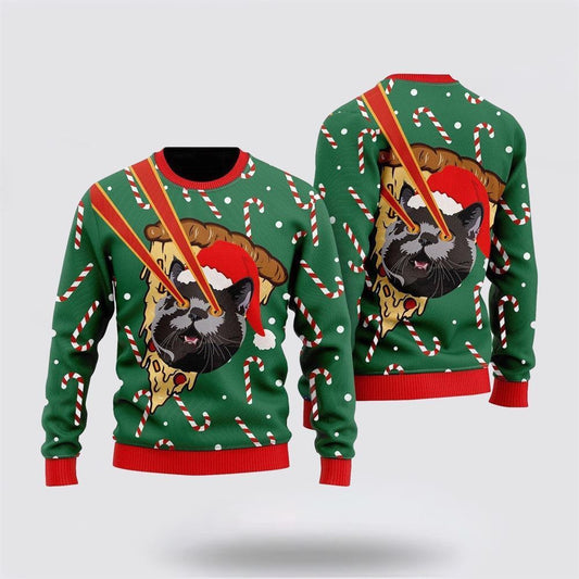 Pizza Cat With Laser Eyes Xmas Ugly Christmas Sweater, Christmas Sweater For Cat Lover