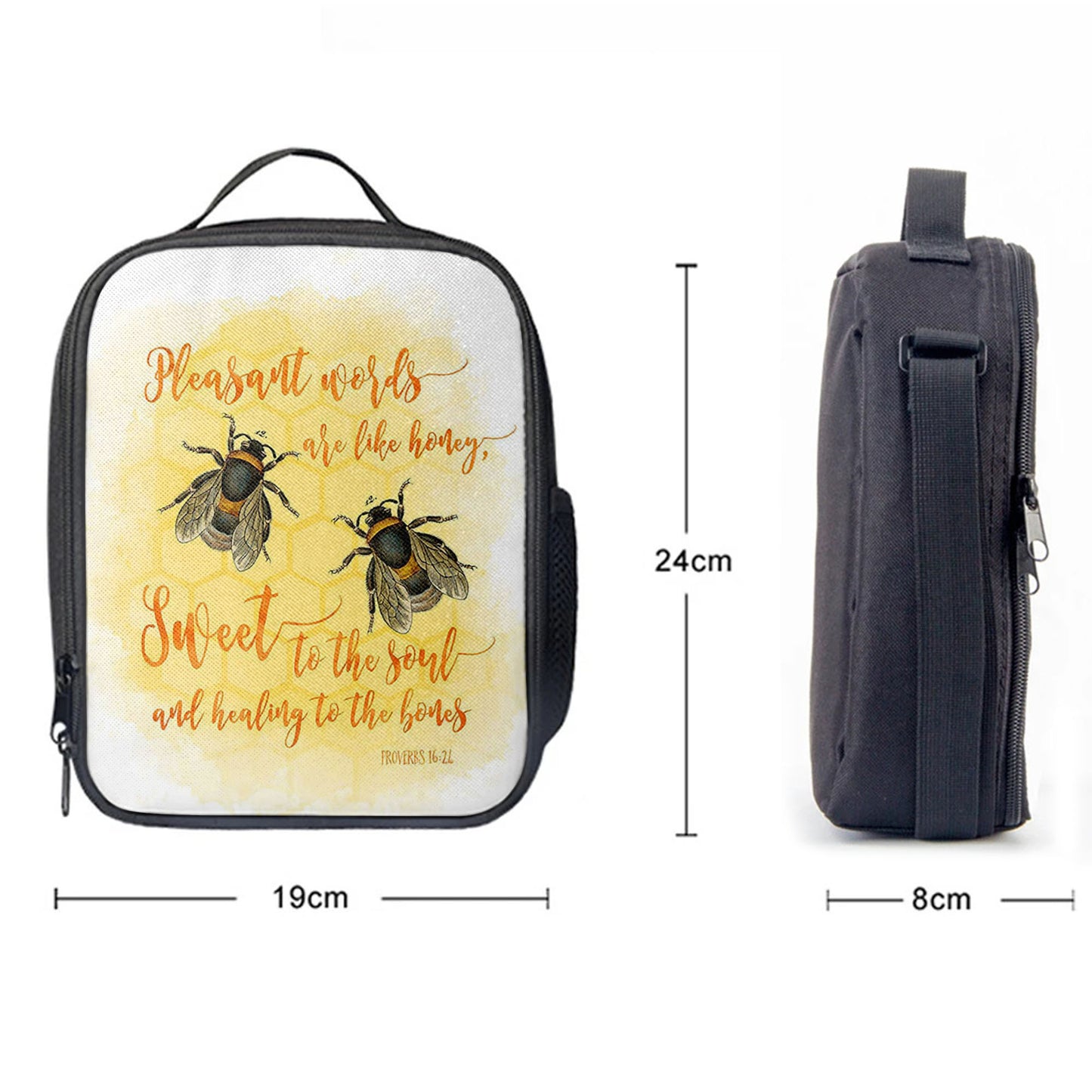 Pleasant Words Are Like Honey Bee Lunchbag, Proverbs 16 24, Christian Lunchbag