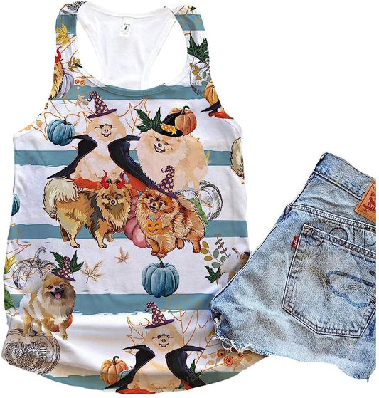 Pomeranian Dog Halloween Pumpkin Retro Tank Top - Summer Casual Tank Tops For Women - Gift For Young Adults