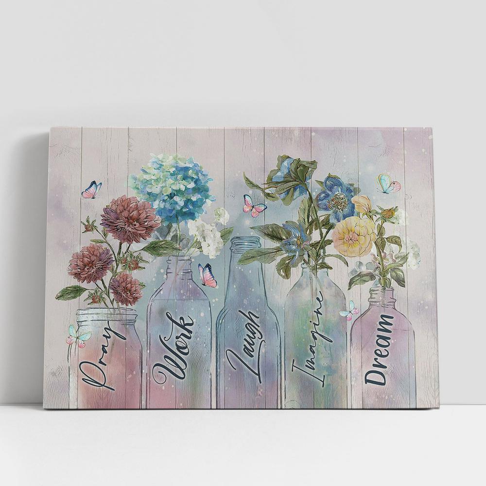 Pray Work Laugh Blue Hydrangea Red Chrysanthemum Canvas Wall Art, Bible Verse Canvas, Religious Prints