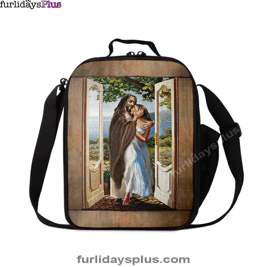 Pretty Girl Beautiful Forest Walking With Jesus Lunchbag Print, Inspirational Lunch Bag, Christian Lunchbag Lunchbag