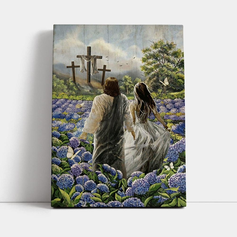 Pretty Girl Walking With Jesus In Purple Hydrangea Flower Field Canvas Print - Inspirational Canvas Art - Christian Wall Art Home Decor