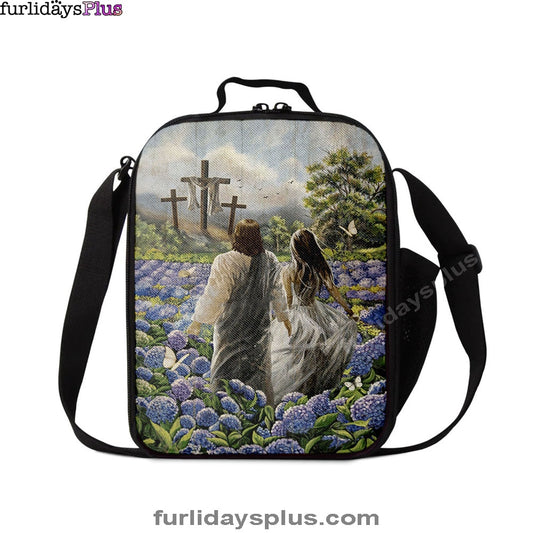 Pretty Girl Walking With Jesus In Purple Hydrangea Flower Field Lunchbag Print, Inspirational Lunch Bag, Christian Lunchbag Lunchbag