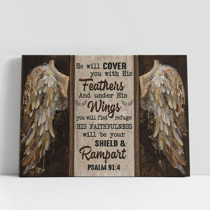 Psalm 914 He Will Cover You With His Feathers Canvas Wall Art, Bible Verse Wall Art Decor, Christian Gifts Wall Decor