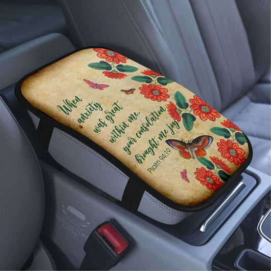 Psalm 9419 When Anxiety Was Great Within Me Car Armrest Seat Cover, Bible Verse Car Center Console Cover, Scripture Car Accessory