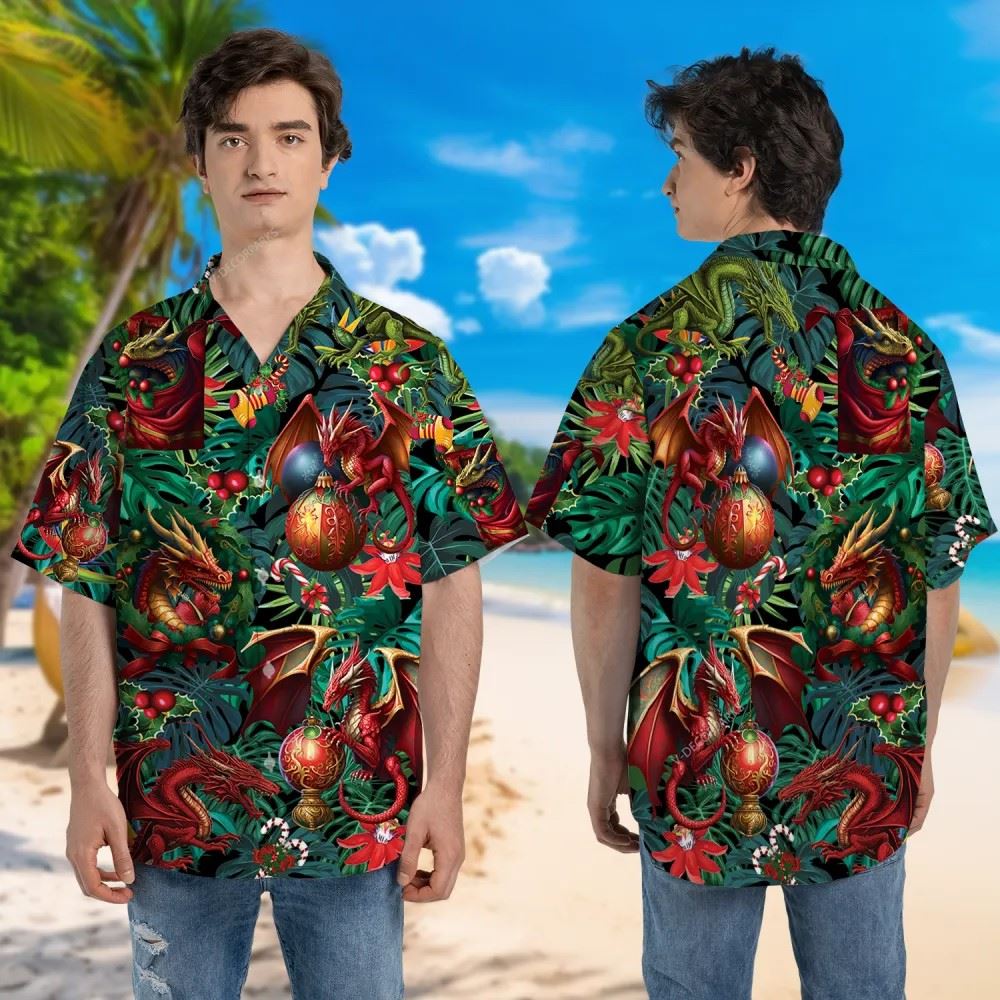 Red Dragon Fire Unisex Hawaiian Shirt, Xmas Hawaiian Shirts
