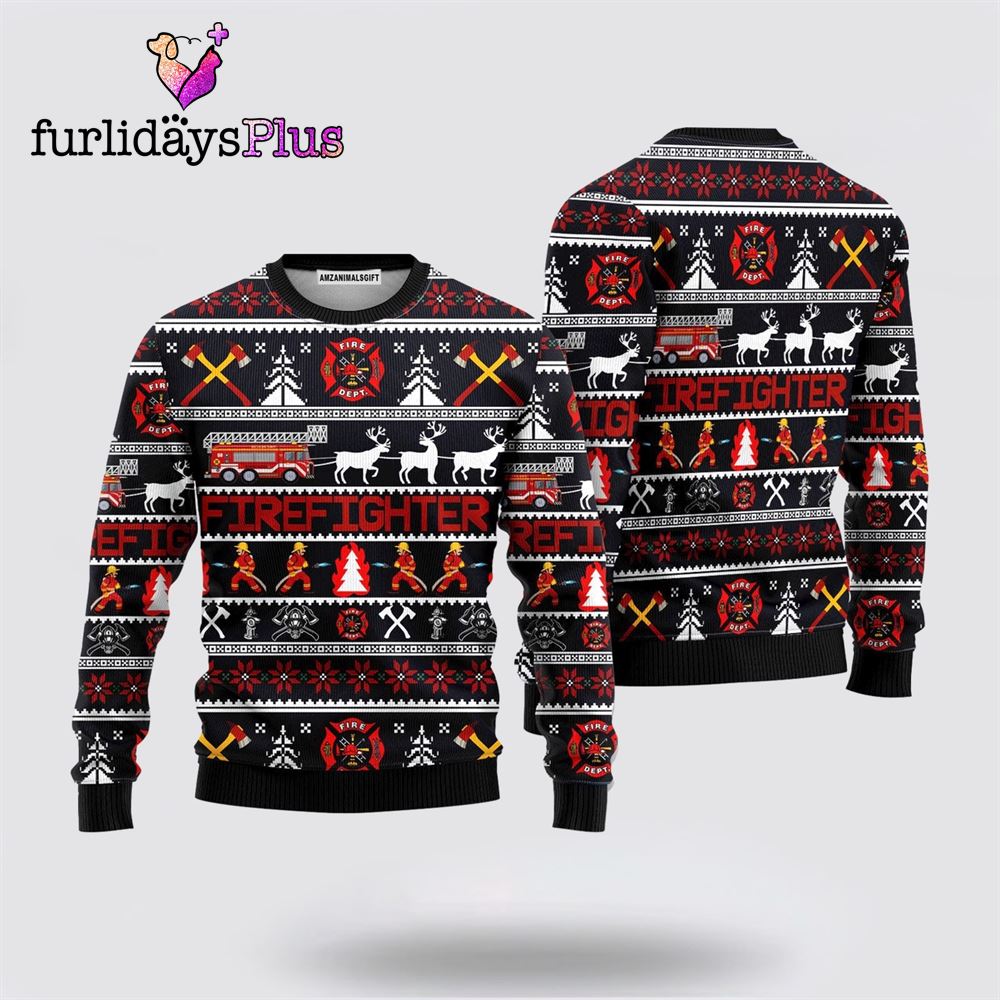 Reindeer Pulling Fire Truck Sweater ,Christmas Ugly Sweater For Men, Women
