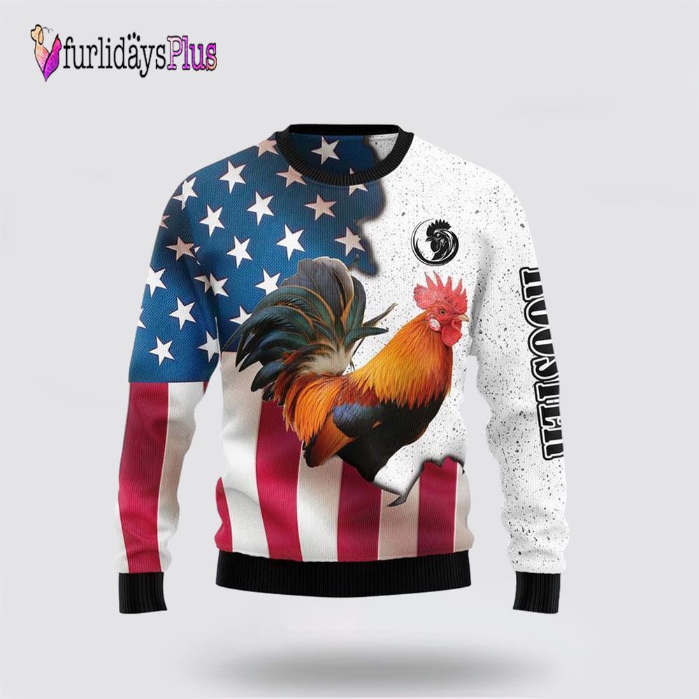 Rooster American Flag Ugly Christmas Sweater, Sweater Gifts For Pet Lover