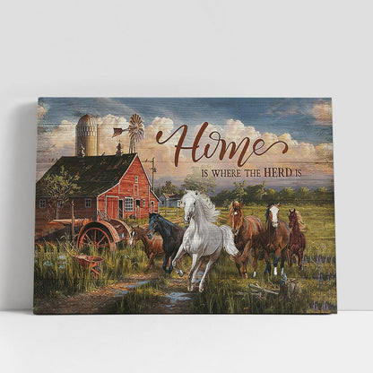 Running Horse Home Is Where The Herd Is Wall Art Canvas, Christian Gifts Wall Decor, Gifts For Horse Lovers