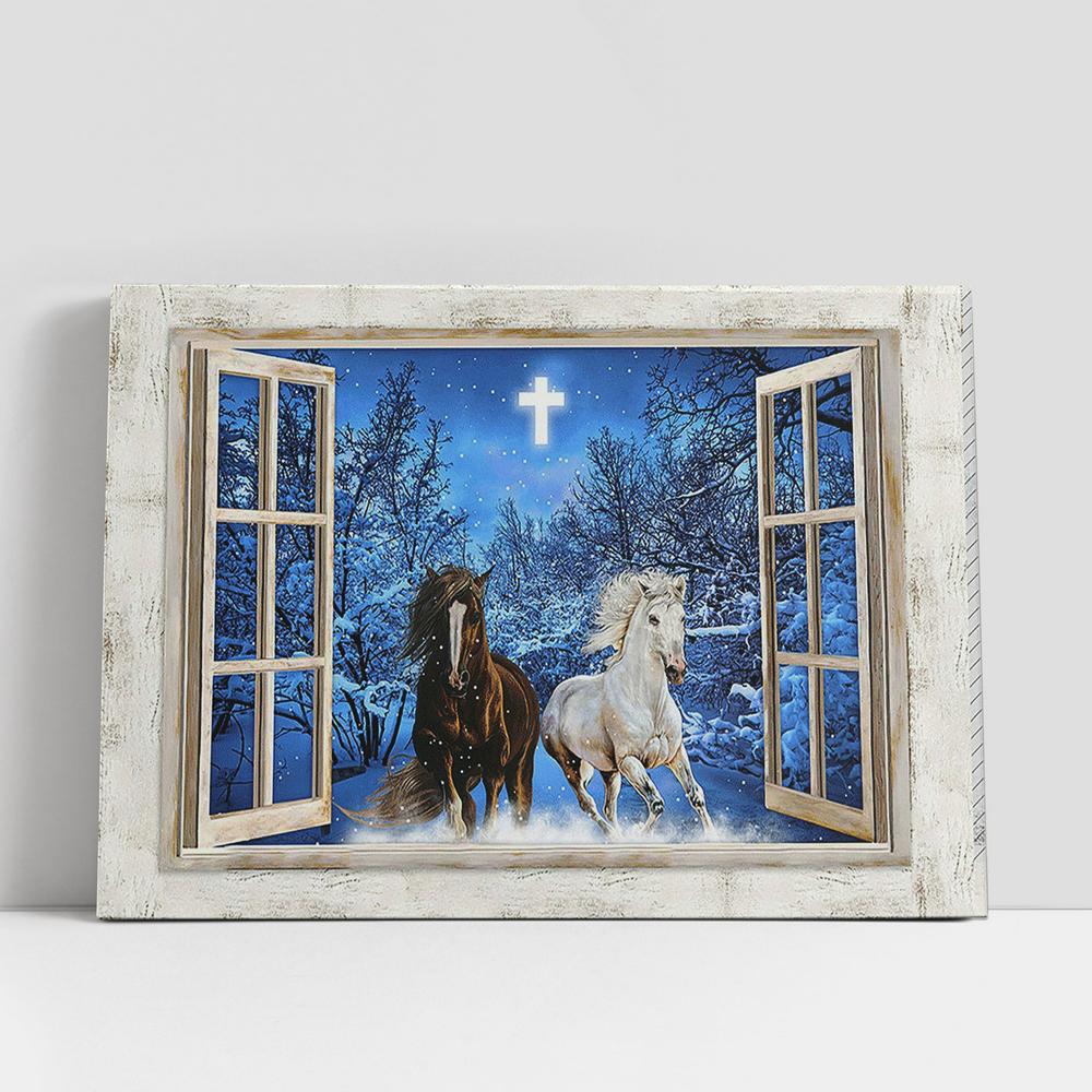 Running Horses Blue Night Crystal Cross Wall Art Canvas, Christian Gifts Wall Decor, Gifts For Horse Lovers