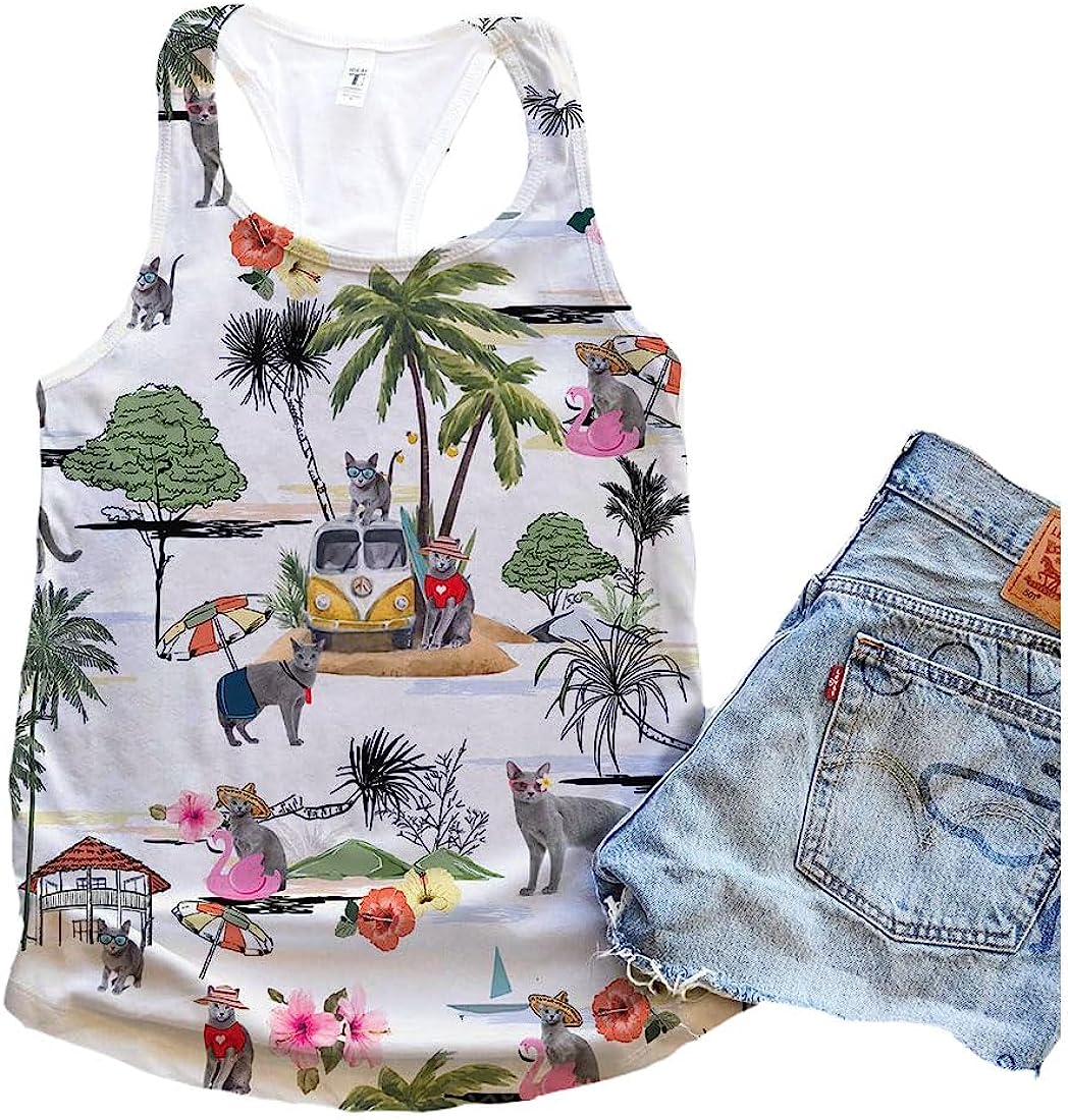 Russian Blue Cat Hawaii Beach Retro Tank Top - Summer Casual Tank Tops For Women - Gift For Young Adults