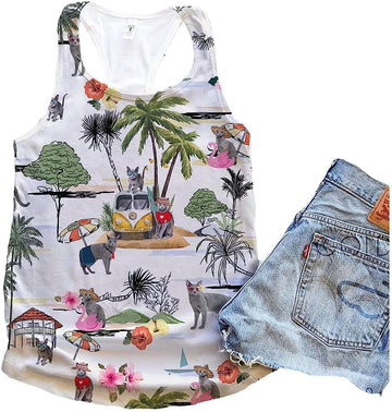 Russian Blue Cat Hawaii Beach Retro Tank Top - Summer Casual Tank Tops For Women - Gift For Young Adults