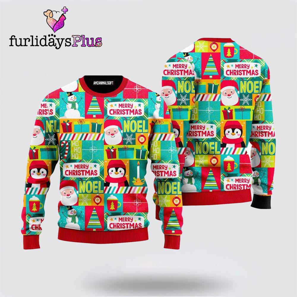 Santa And Penguin Merry Christmas Patchwork Ugly Sweater ,Christmas Ugly Sweater For Men, Women
