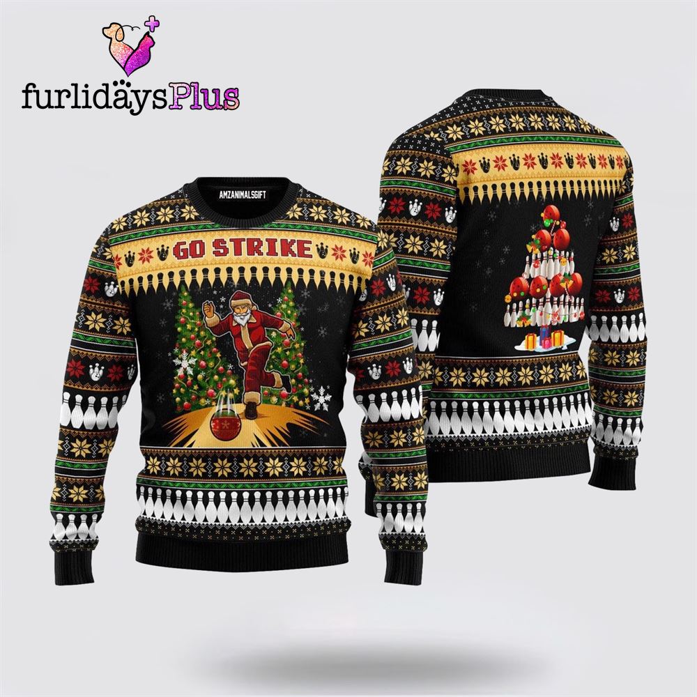 Santa Bowling Go Strike Pines Tree Ugly Sweater ,Christmas Ugly Sweater For Men, Women