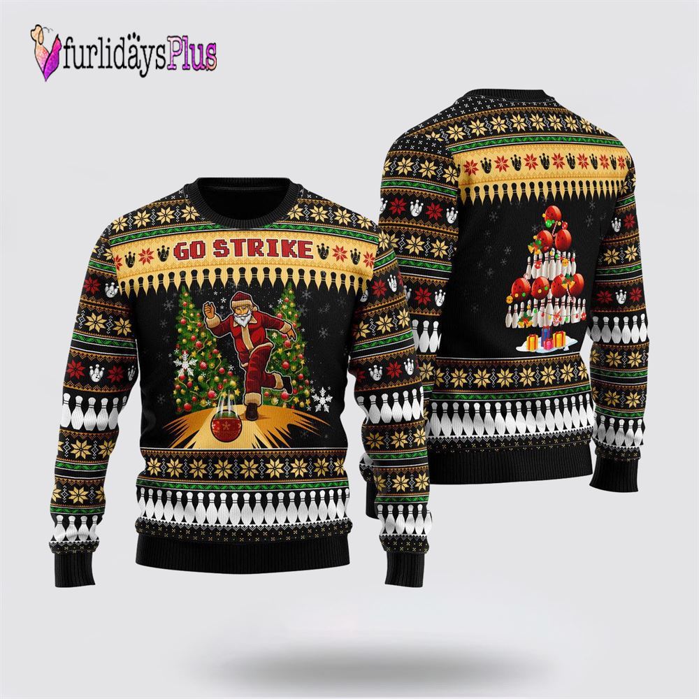 Santa Bowling Go Strike Ugly Christmas Sweater For Men & Women, Gift For Bowling Enthusiasts