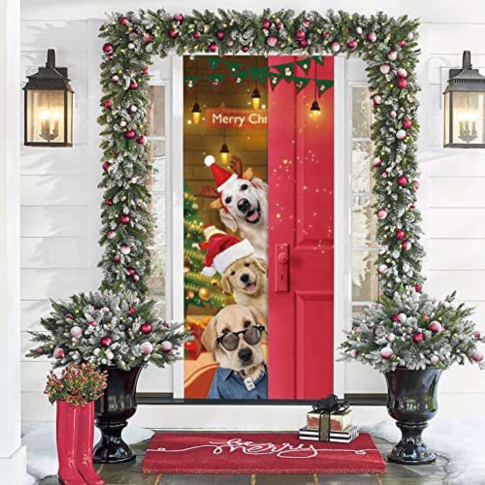 Santa Dogs Merry Christmas Door Cover Funny Dog Door Cover Christmas