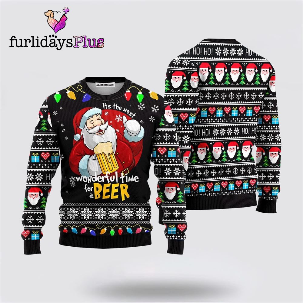 Santa Drink Beer Sweater Wonderful Time For A Beer ,Christmas Ugly Sweater For Men, Women